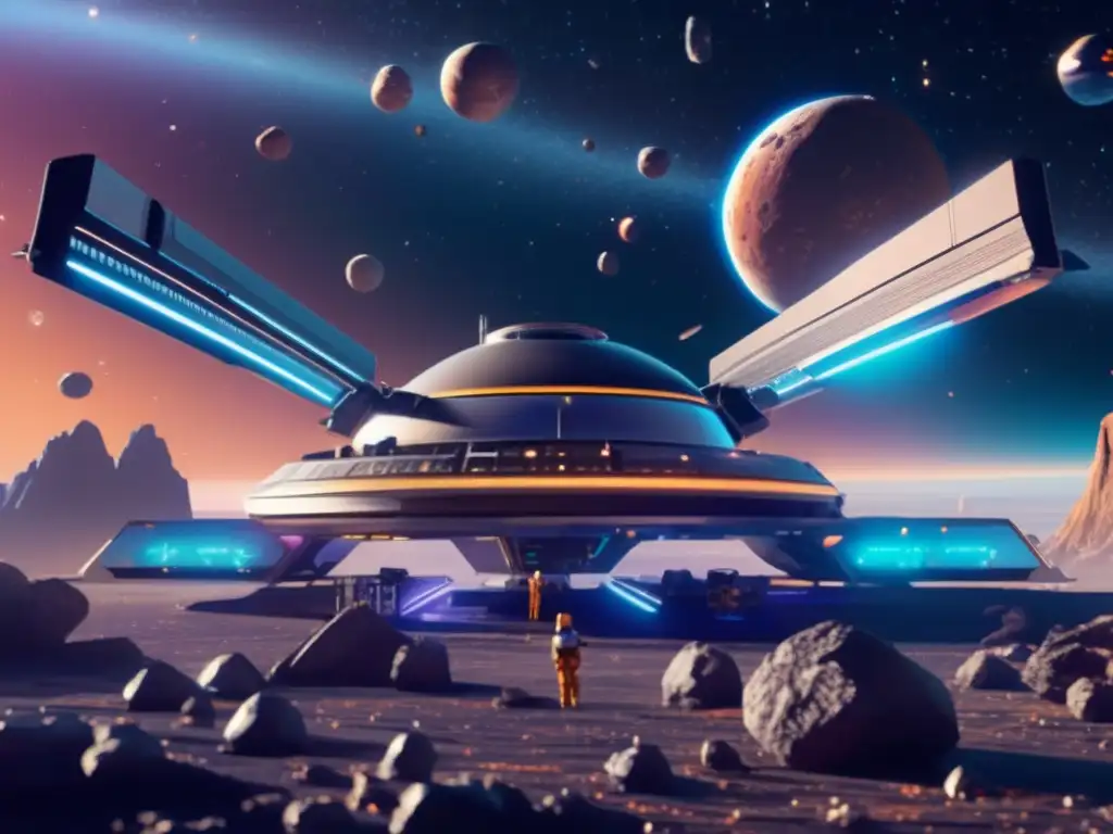 Estación espacial futurista en asteroide Imagen 8k de una estación espacial futurista rodeada de un campo de asteroides vibrante, destacando la idea de comunidades espaciales igualitarias