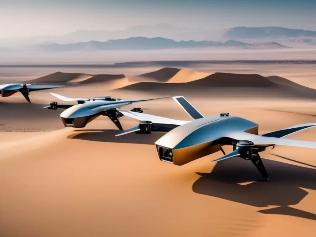 Drones autónomos en paisaje desértico Imagen: Estrategias comunicación drones frontera final