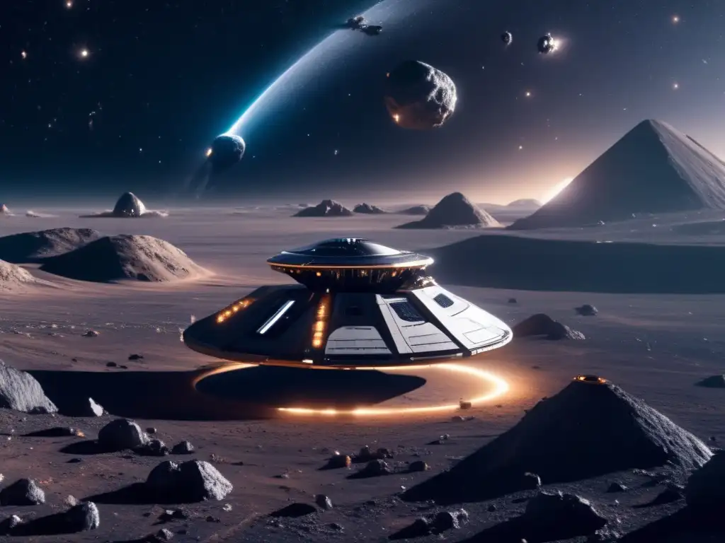 Futuro minero espacial: tecnología avanzada en acción Imagen: Extracción recursos asteroides en el espacio, nave espacial minera avanzada en asteroide