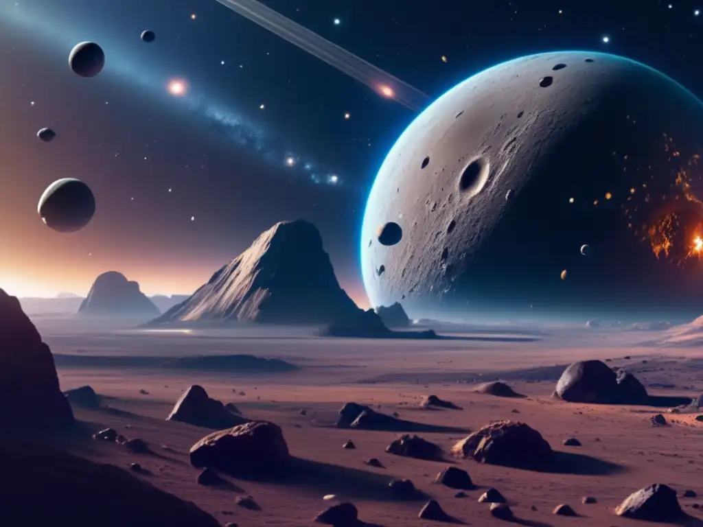 Exploración espacial en un campo de asteroides Imagen de la Fiebre del oro espacial: vasto espacio estrellado con asteroides y nave minera avanzada