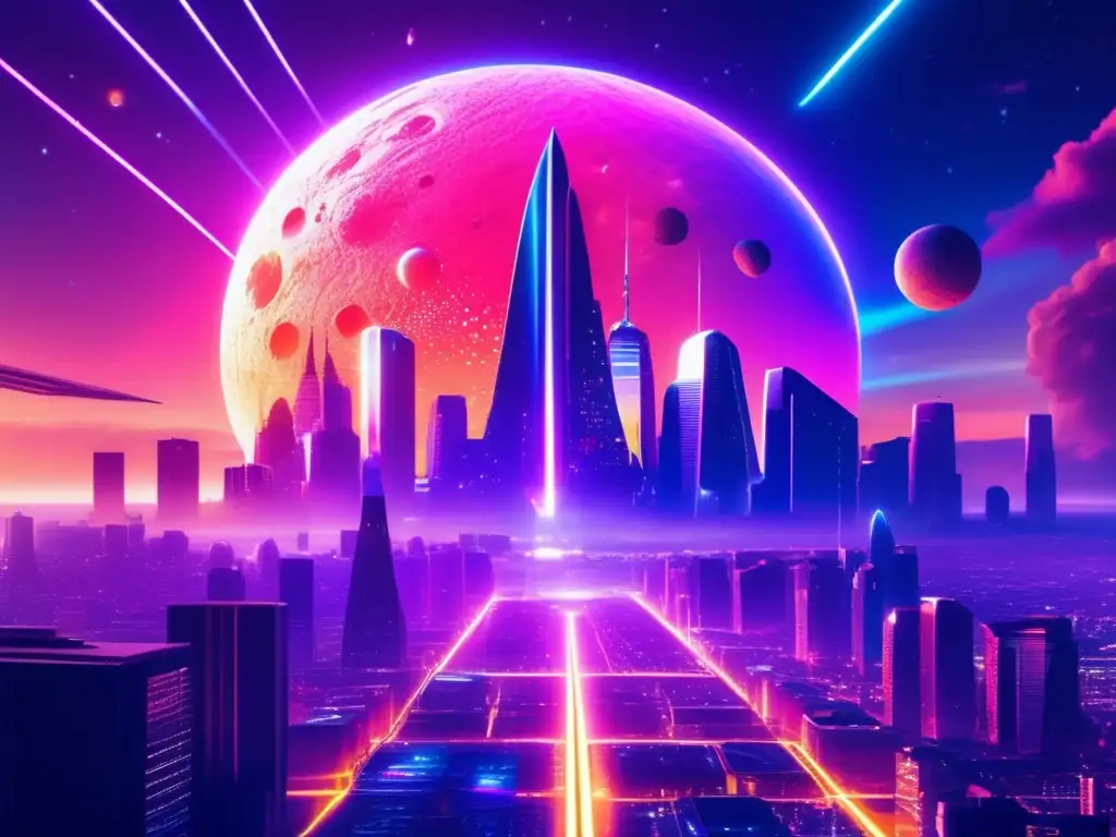 Ciudad futurista bajo amenaza Imagen futurista de ciudad con rascacielos iluminados por luces neón y un asteroide amenazante