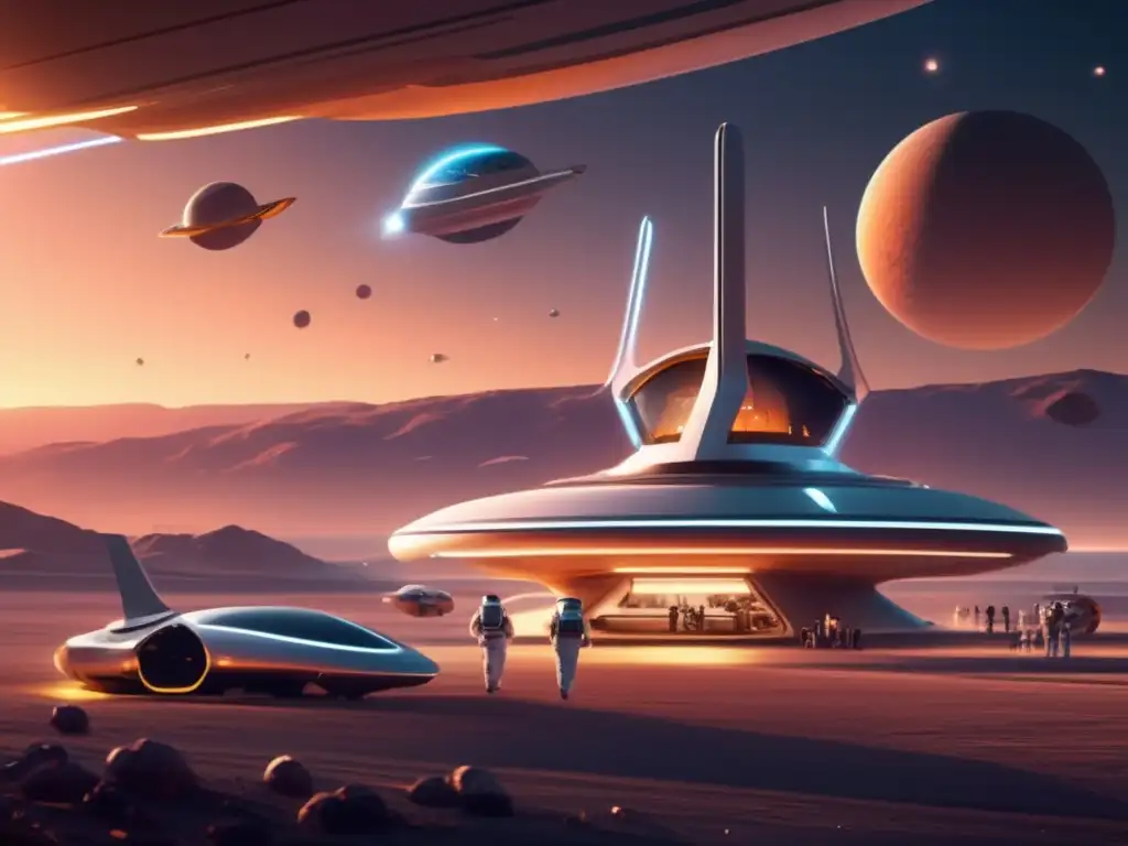 Futuro puerto espacial: Colaboración y tecnología Imagen 8k de un futurista espacioportuario con alianzas empresariales en economía espacial