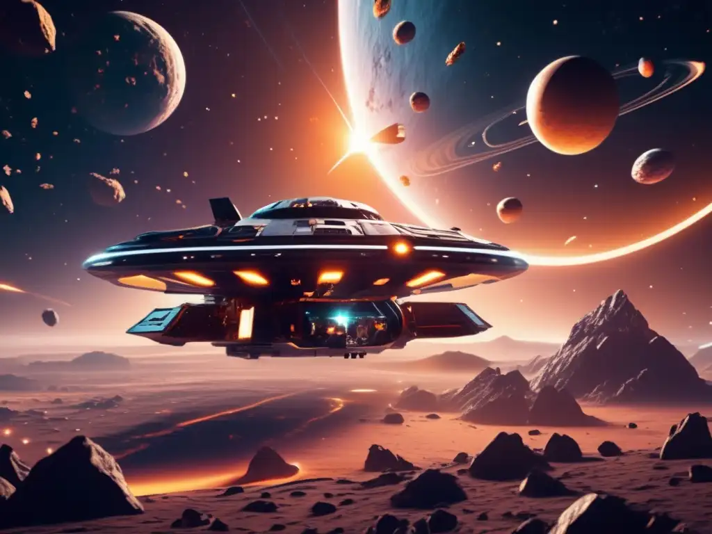 Escena futurista en el espacio Imagen futurista de un videojuego en el espacio con una nave espacial y asteroides, evocando exploración de asteroides en videojuegos