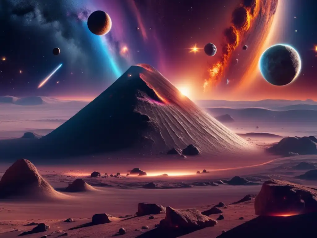 Imagen: Historias de asteroides y naves espaciales en un detallado paisaje estelar de 8k con asteroides, naves espaciales y nebulosas