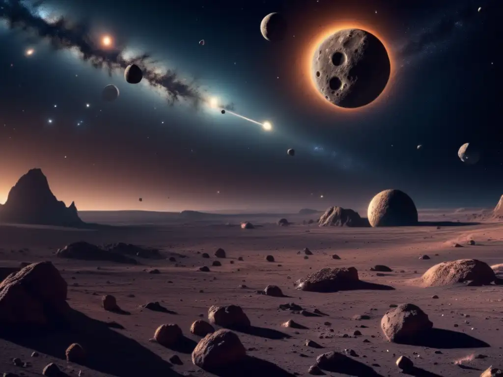Impresionante imagen 8k del espacio con asteroides Imagen impactante: asteroide dominante rodeado de rocas, historia antigua, belleza y complejidad