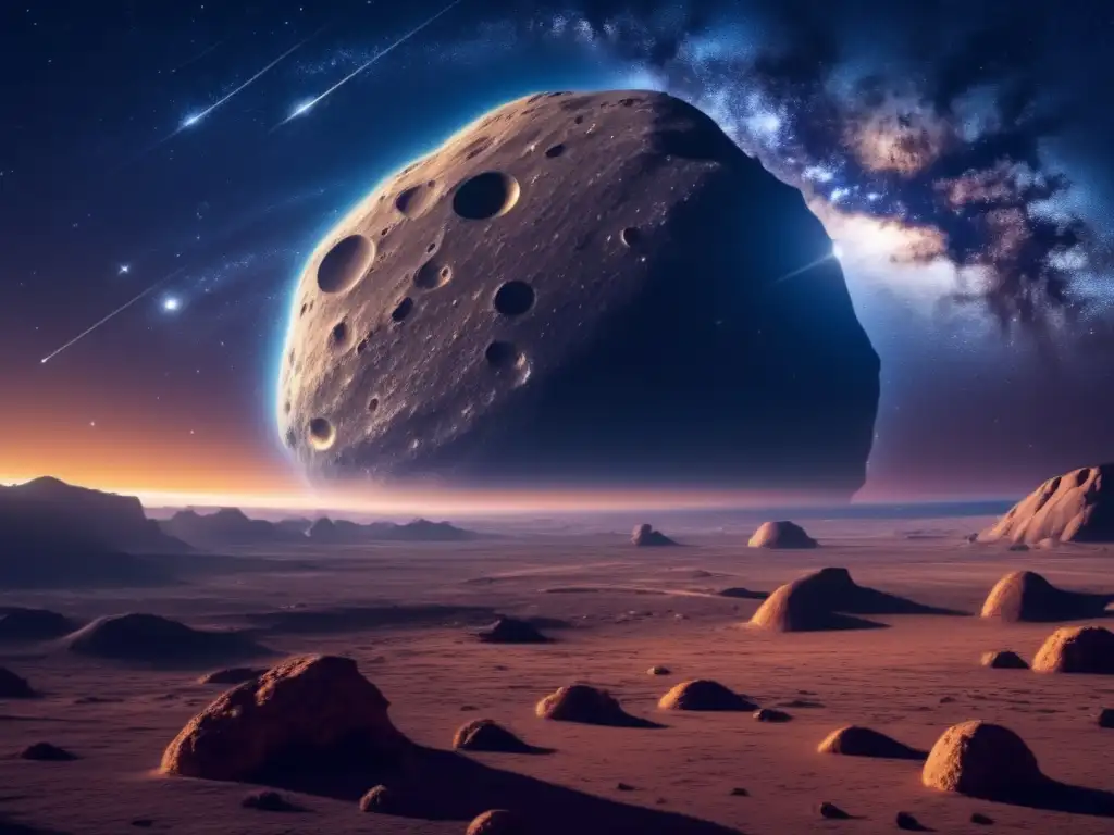 Noche estrellada con asteroide gigante Imagen impactante de un asteroide gigante y la gravedad que distorsiona las estrellas
