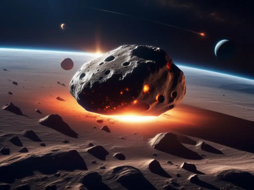 Asteroida masiva hacia la Tierra Imagen impactante: Asteroide gigante acercándose a la Tierra, mostrando su superficie rugosa y marcada