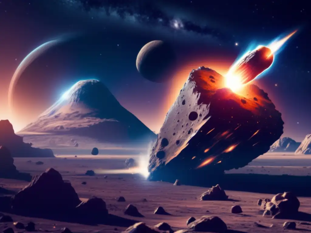 Una imagen impactante de un asteroide masivo en ruta hacia la Tierra, con su superficie rugosa cubierta de cráteres y formaciones rocosas