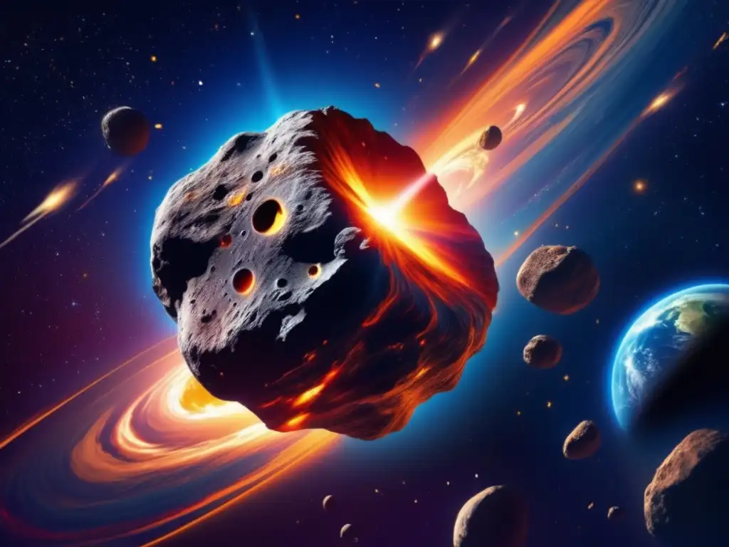 Asteroida amenazante cerca de la Tierra Imagen impactante de asteroide acercándose a la Tierra, destaca la belleza del cosmos y muestra los desafíos de la exploración de asteroides