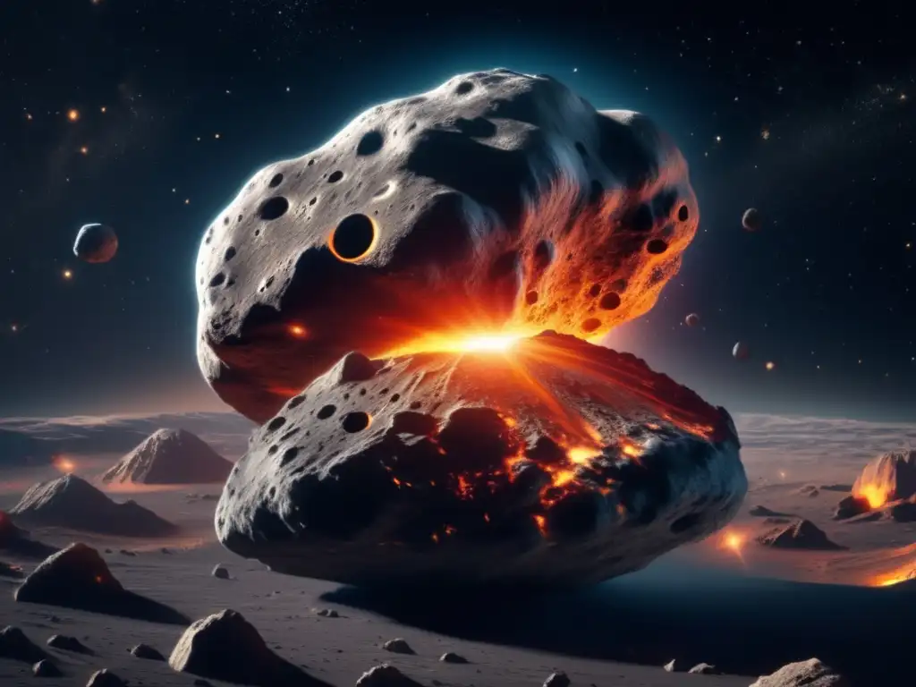 Asteroide masivo en el espacio Imagen impactante de asteroide 8k ultradetallada en el espacio, con terreno rugoso iluminado por estrellas