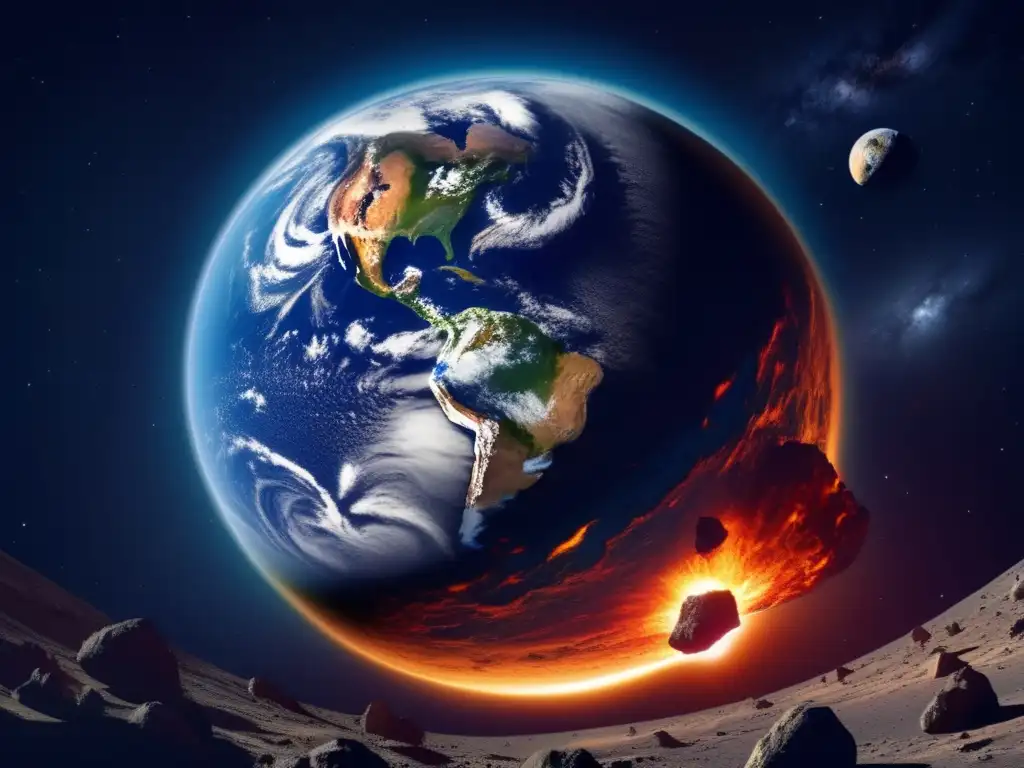 Asteroida amenazante se acerca a la Tierra Imagen impactante de la Tierra desde el espacio, con un asteroide masivo acercándose