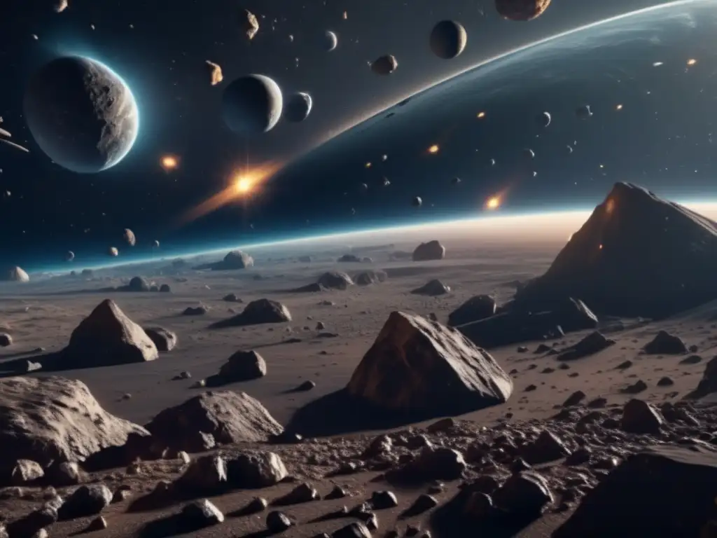 Amenaza espacial: asteroides convergen Imagen impactante: vasto espacio con la Tierra rodeada de asteroides de diferentes tamaños y formas