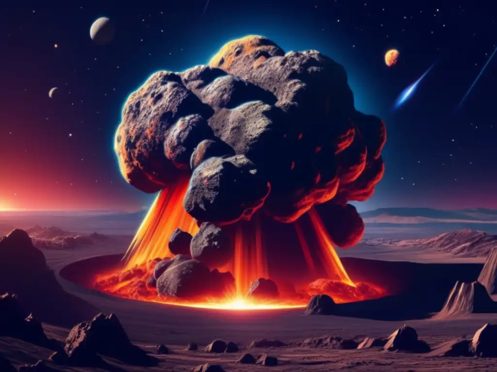 Asteroida masiva amenaza a la Tierra Imagen: Impacto asteroides ciencia ficción - Asteroide masivo acercándose a la Tierra, con superficie rocosa y cráteres profundos