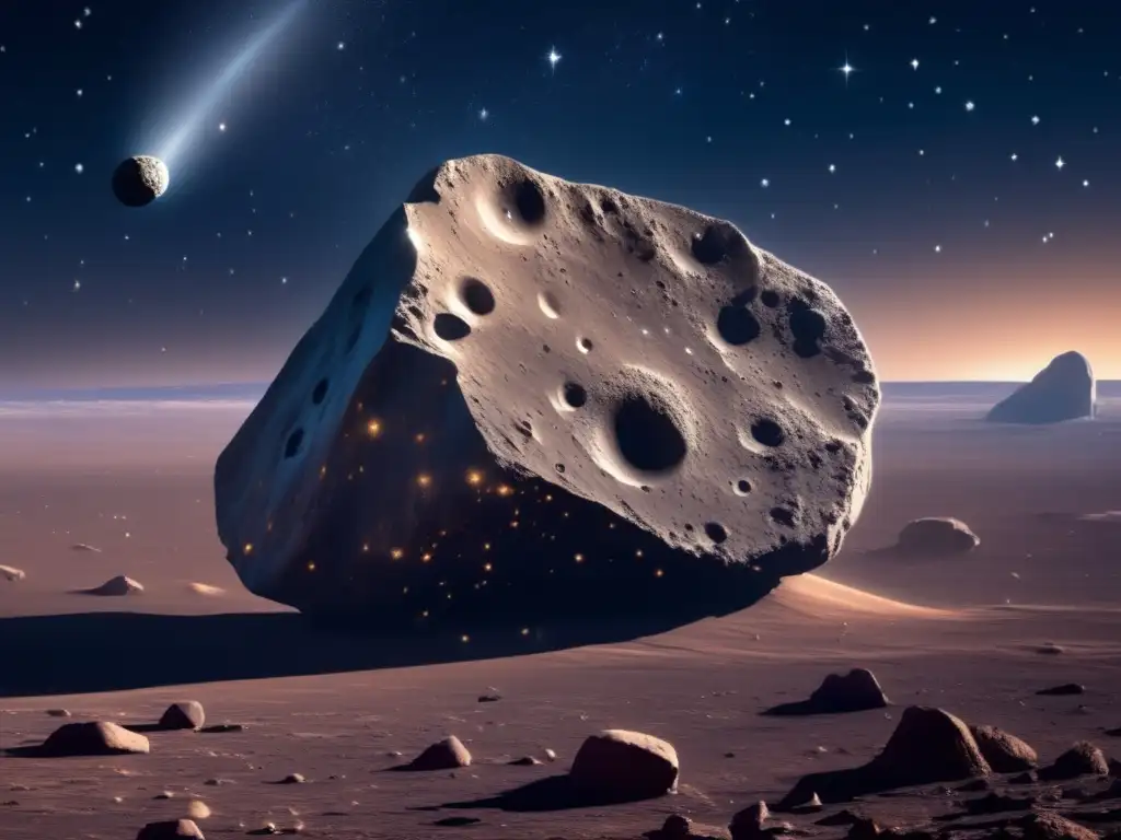 Asteroide iluminado y su superficie rocosa Imagen impresionante de asteroide en espacio, resalta importancia de estudio y protección