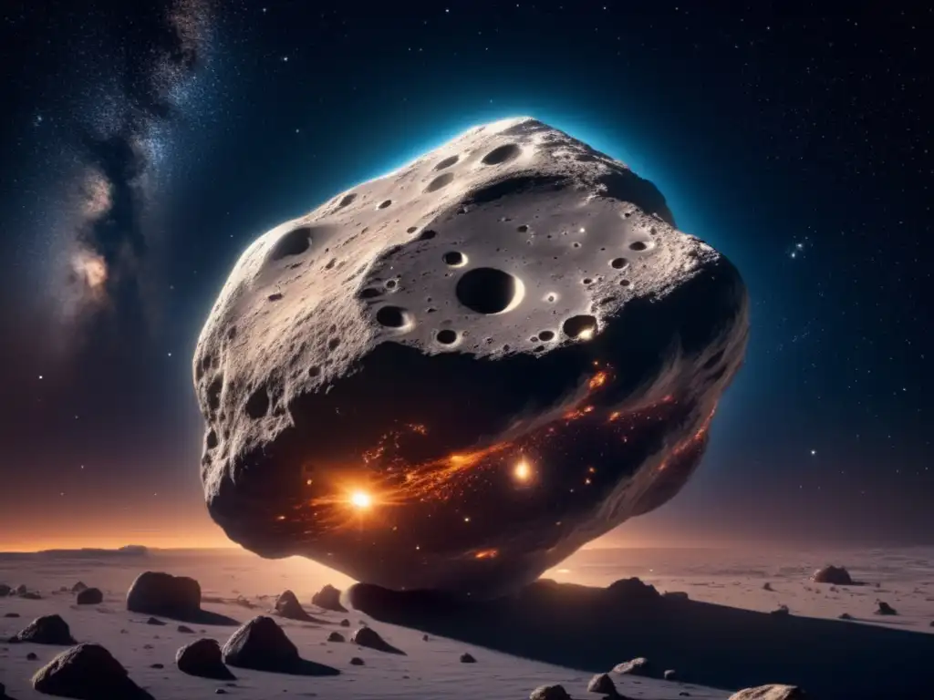 Majestuoso asteroide en el espacio Imagen impresionante: asteroide flotando en el espacio rodeado de polvo estelar, con cráteres revelando su historia violenta