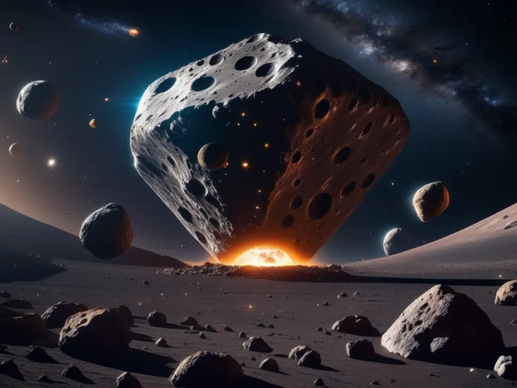 Explorador espacial ilumina asteroide Imagen impresionante 8k de asteroides en el espacio, nave espacial exploradora en primer plano - Series ciencia ficción asteroides