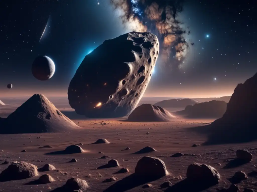 Asombrosa imagen 8K del espacio con asteroide en primer plano Imagen 8K impresionante de asteroides con huella gravitatoria detectable