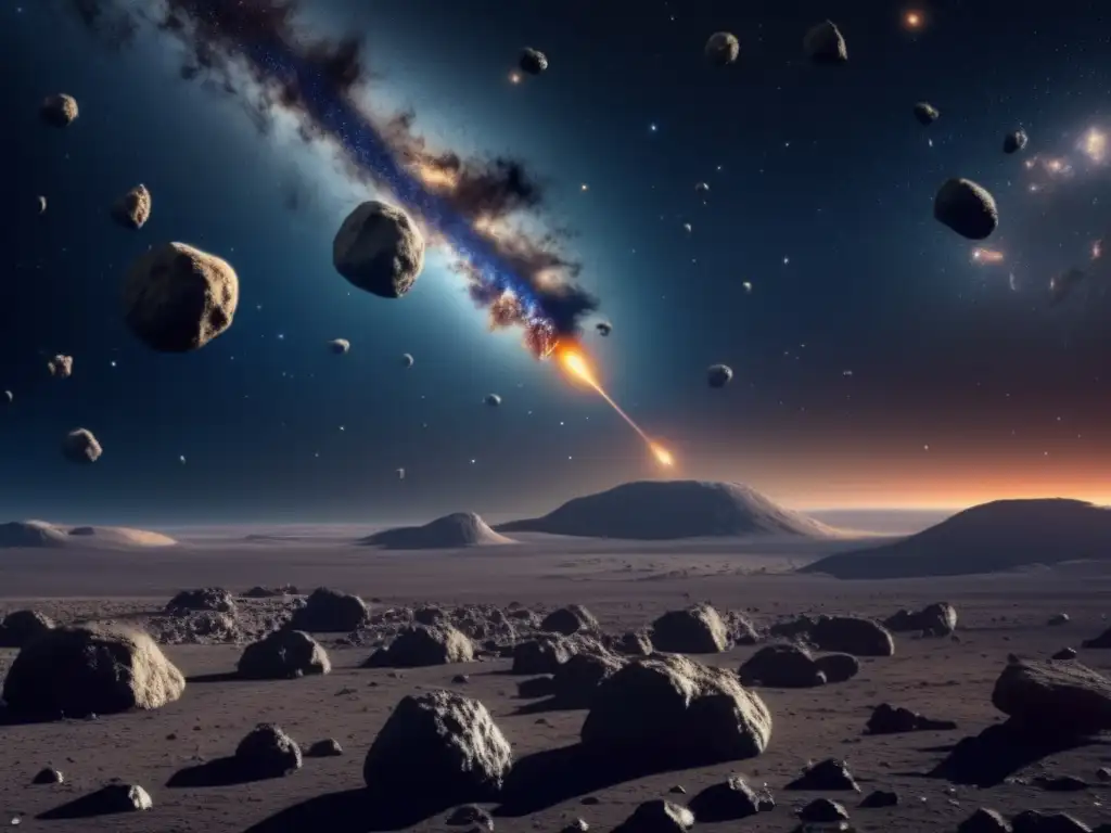 Espectacular vista de campo de asteroides en el espacio Imagen impresionante de campo de asteroides en el espacio: Exploración de recursos en asteroides