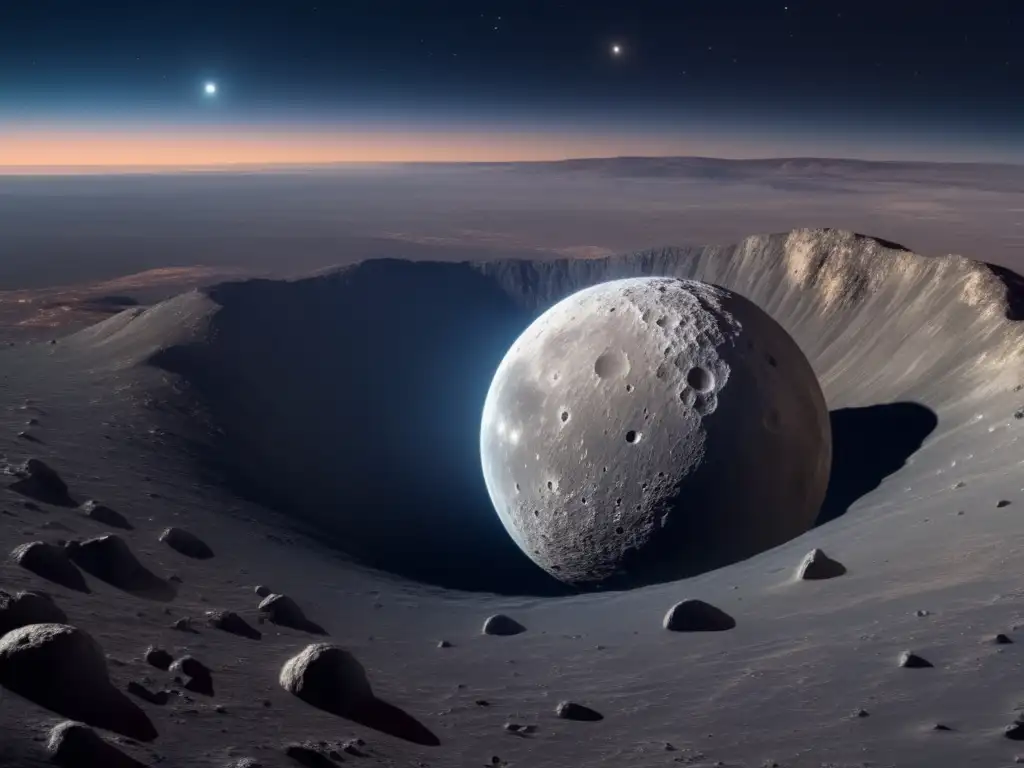 Paisaje enigmático de Ceres: cráteres, montañas y valles Imagen impresionante de Ceres, un planeta enano, con paisaje enigmático y cráteres impactantes