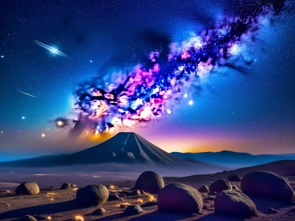 Cielo estrellado con asteroide Imagen impresionante del cielo estrellado con la Vía Láctea y un asteroide, evoca la diferencia entre meteoroides, meteoritos y asteroides