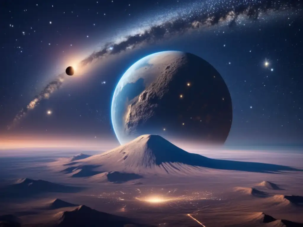 Imagen impresionante del cielo nocturno estrellado con asteroide y trayectorias orbitales: Predicciones de pasos cercanos NEOs