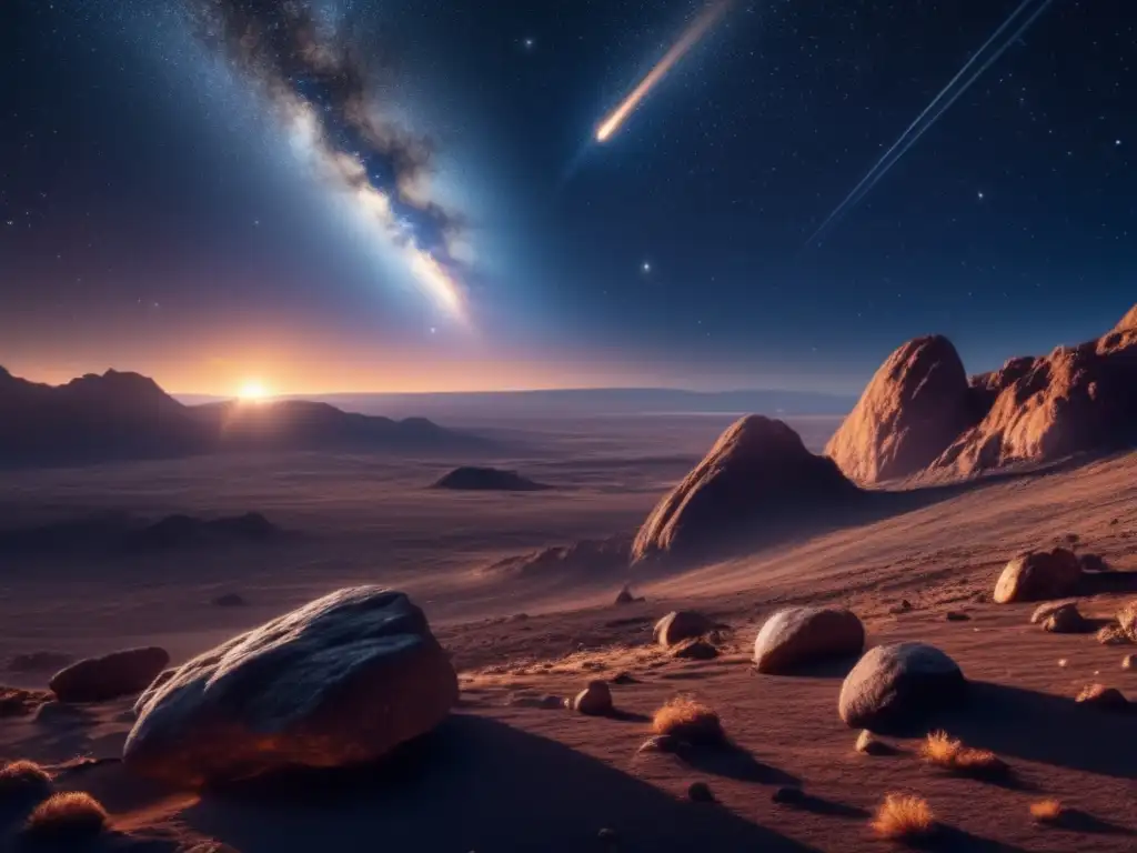 Imagen impresionante de un cielo nocturno lleno de estrellas, con un asteroide brillante y rastreo de asteroides ocultos