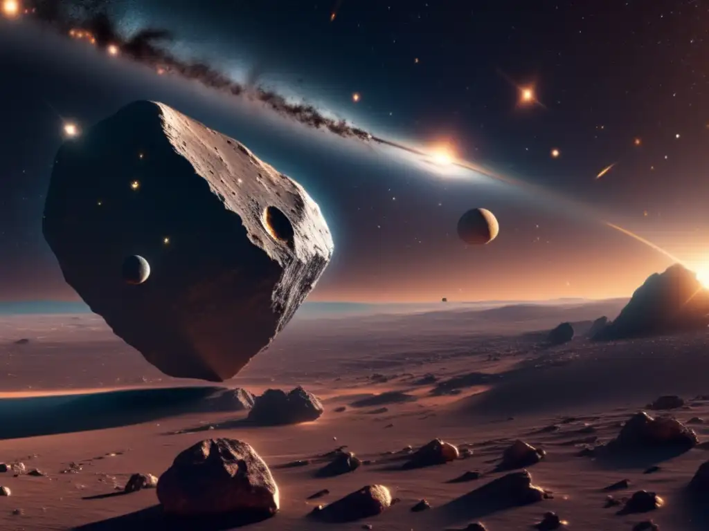 Imagen impresionante 8K de espacio con asteroide, trayectoria destacada y colores cautivantes