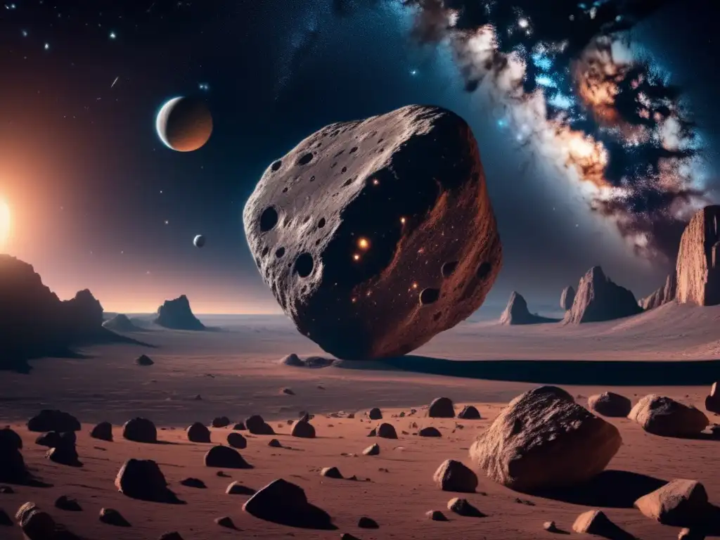 Impresionante imagen 8k del espacio con asteroide Imagen impresionante de espacio, con asteroide gigante y galaxias distantes