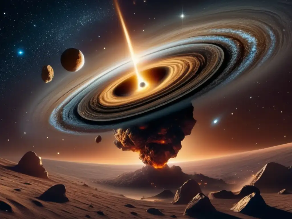 Imagen impresionante de galaxia y asteroide dorado, evocando la financiación de proyectos espaciales de asteroides