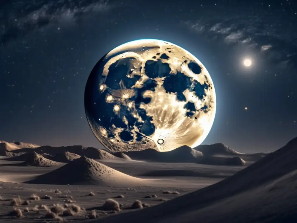 La majestuosa Luna en 8k frente al cielo estrellado Imagen impresionante de la Luna en 8k con conexión lunar asteroides basálticos