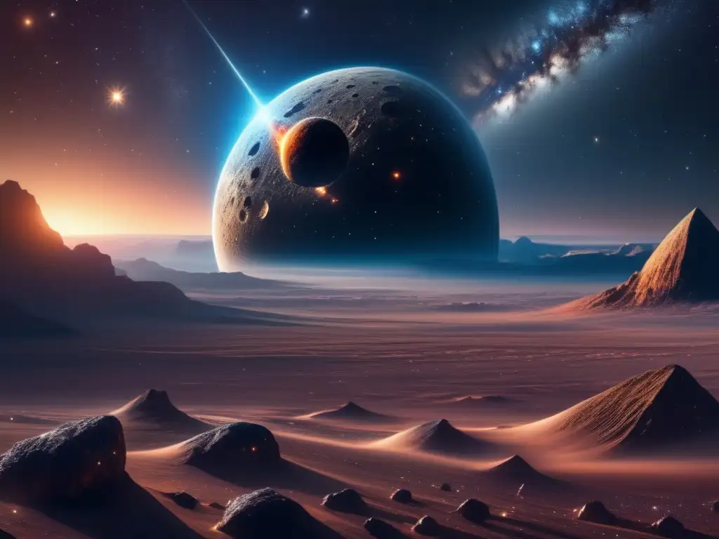 Paisaje celestial con asteroide metálico Imagen impresionante: paisaje celeste metálico, origen de los asteroides metálicos