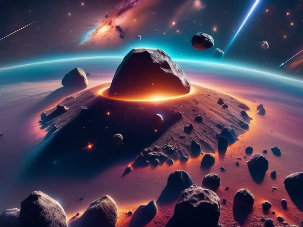 Impresionante imagen 8K de espacio con asteroides y nebulosa Imagen: Marco Legal Minería Espacial Responsable - Expanse espacial con asteroides y nebulosa vibrante