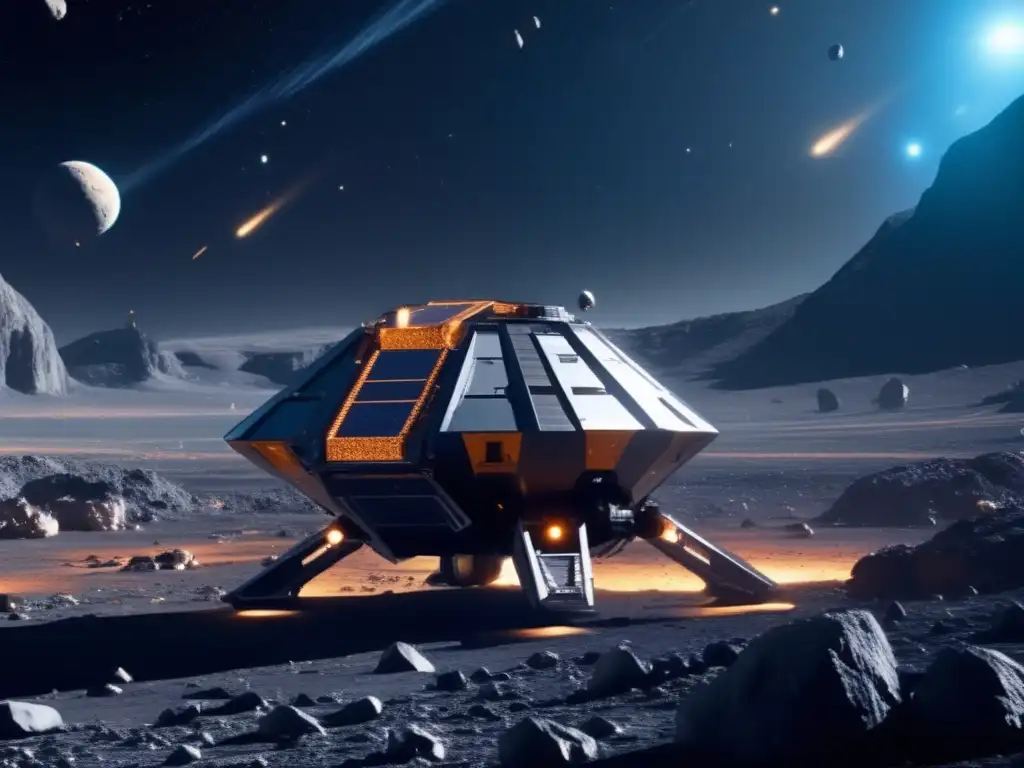 Mineria espacial futurista en asteroide Imagen: Operación de minería espacial futurista en campo de asteroides, destacando la tecnología avanzada, la sostenibilidad y el marco legal