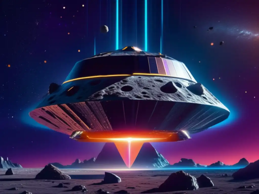 Nave espacial futurista sobre asteroide Imagen: Nave futurista sobre asteroide, historia antigua, tecnología avanzada, energía de fusión