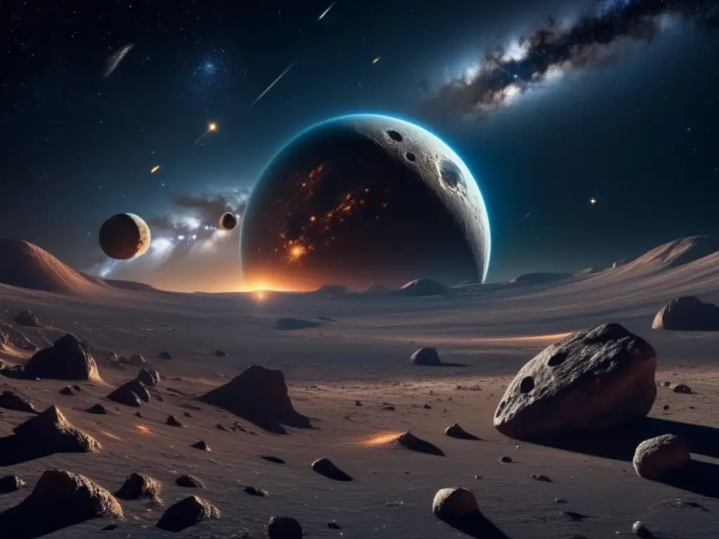 Espectacular imagen 8k del espacio profundo con asteroide y nave espacial Imagen: Órbitas de asteroides peligrosos en el espacio, con estrellas brillantes, asteroide amenazante y nave espacial futurista