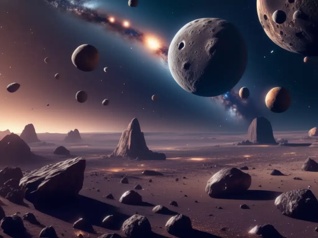 Paisaje cósmico con asteroides diversos Imagen 8k de paisaje cósmico con asteroides diversos y valiosos