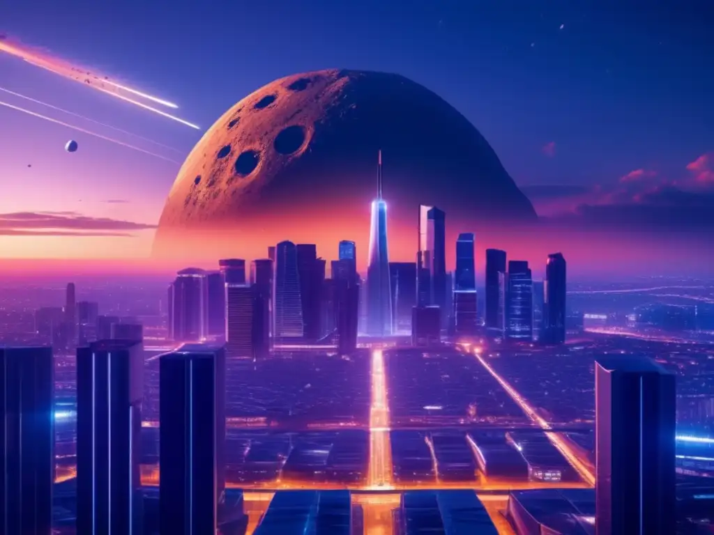 Ciudad futurista bajo amenaza asteroidal Imagen: Planes de contingencia asteroide en ciudad moderna al anochecer