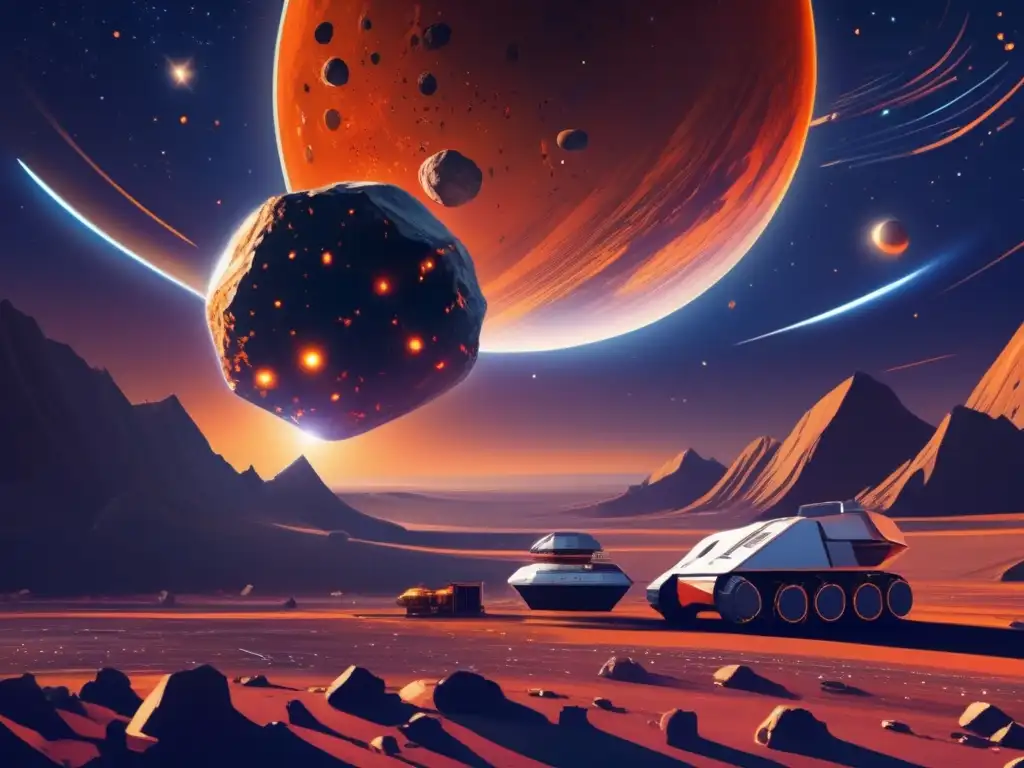 Imagen: 'Potencial de recursos asteroidales' - Asteroides amenazantes y nave espacial futurista en un cielo estrellado con la Tierra de fondo