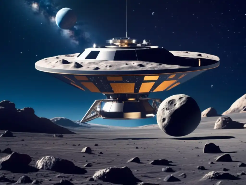 Sonda espacial futurista explorando asteroide Imagen: Sonda espacial futurista sobre asteroide, desafíos y promesas de la biotecnología