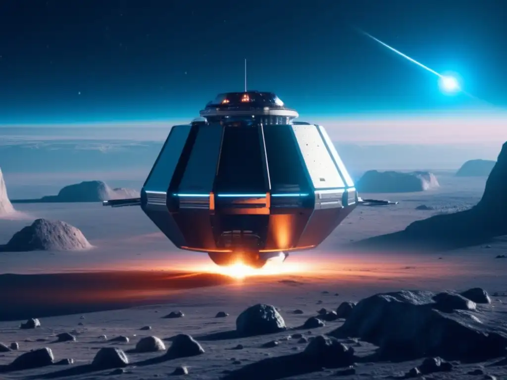 Sonda espacial futurista en asteroide Imagen: Sonda espacial futurista cerca asteroide, cráteres, tecnología avanzada, exploración espacial, guía ocultaciones asteroides