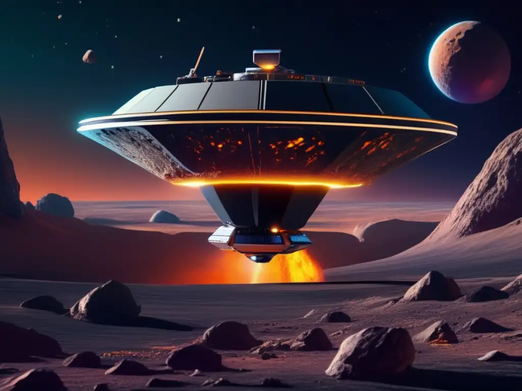Sonda futurista analizando asteroide Imagen: Sondeo composición asteroide; Importancia asteroides en el universo