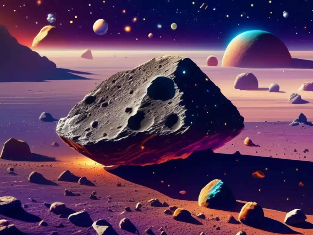 Detalles de un asteroide: minerales, colores vibrantes, espacio Imagen: Superficie de asteroide con minerales y elementos, huella química asteroides distancia