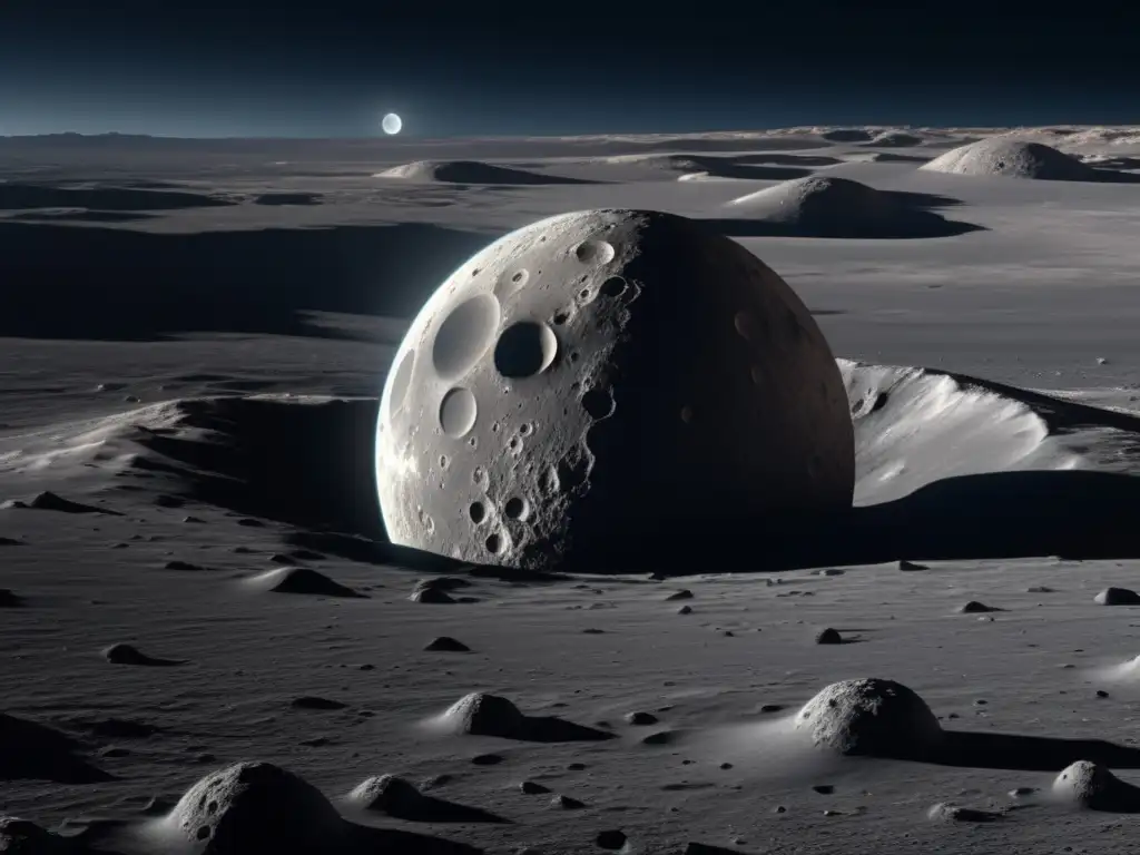 Vista impresionante de asteroide en la superficie lunar Imagen 8K de la superficie lunar con asteroide lunar - Exploración de asteroides lunares