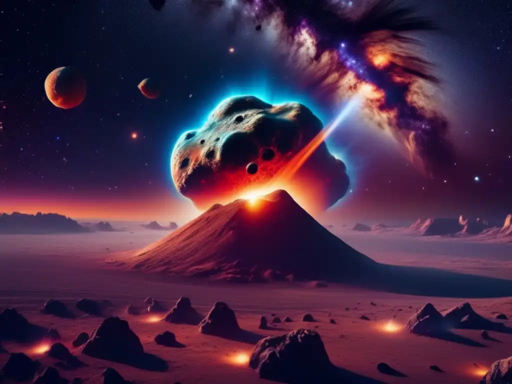 Asteroida gigante en nebulosa Impactante asteroide en el espacio rodeado de nebulosa, cráteres revelan historia cósmica