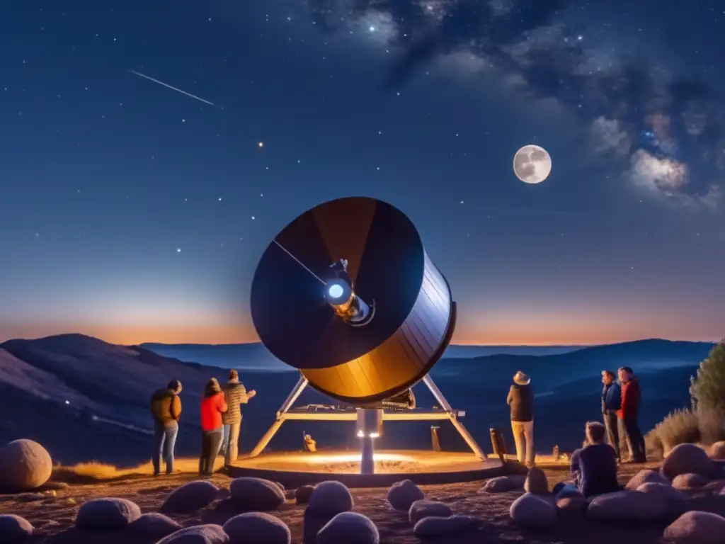 Noche estrellada con astrónomos y asteroides Impactante imagen de astrónomos observando el paso de un asteroide frente a una estrella en un cielo estrellado
