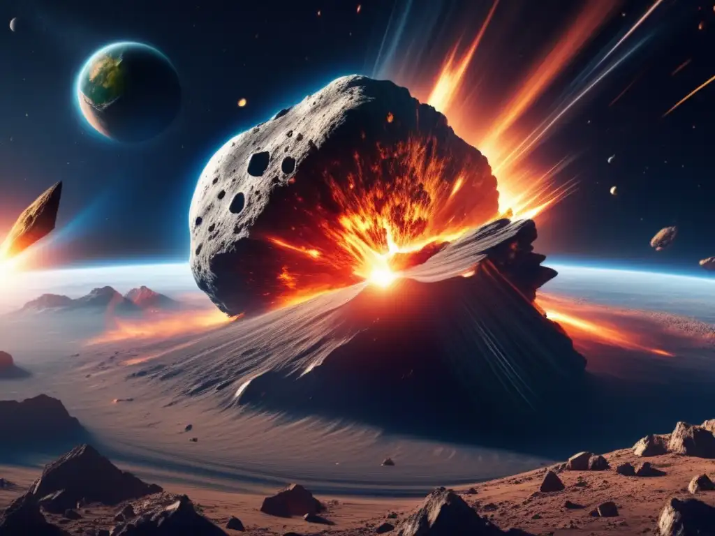 Colisión masiva asteroide-Tierra desde el espacio Impactante imagen 8k de colisión de asteroide con la Tierra, muestra fuerza y energía en impacto