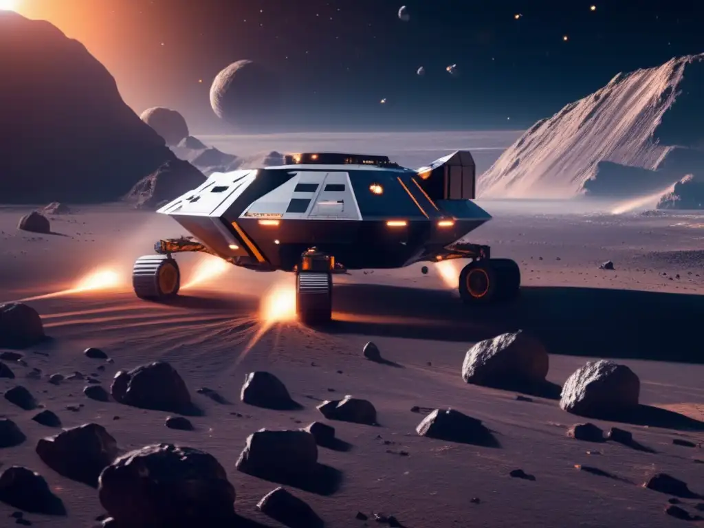 Impacto ambiental minería asteroides: Futurista operación minera espacial en un asteroide