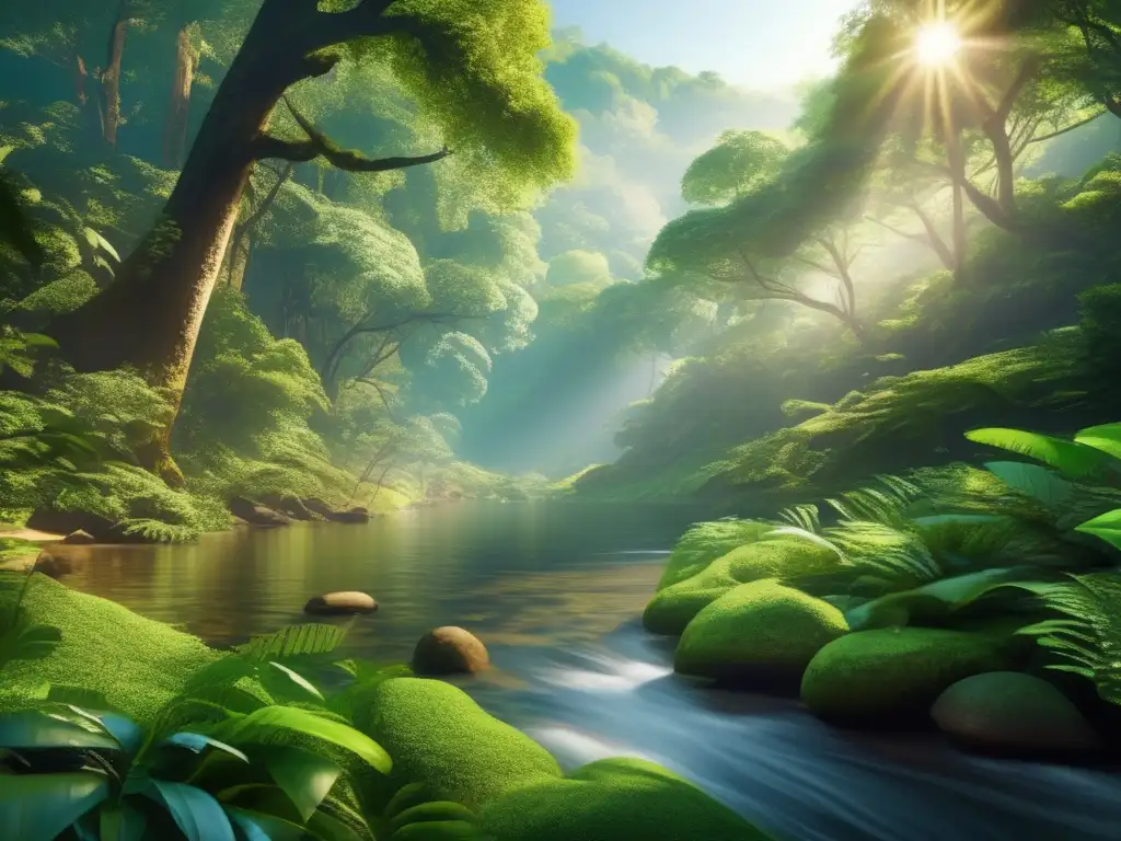 Impacto ambiental minería asteroides: Bosque exuberante con árboles altos, río cristalino y vida silvestre diversa