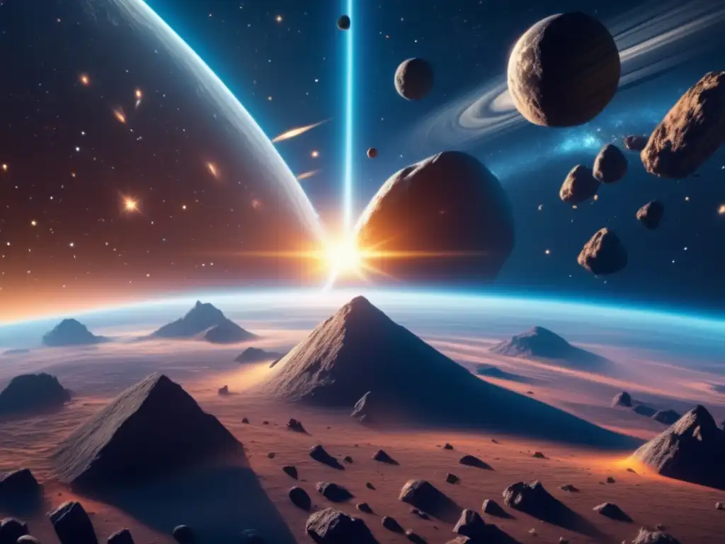 Vista impresionante del espacio con asteroides y ambiente terrestre Impacto ambiental de la minería de asteroides en el espacio con Earth's atmosphere como fondo