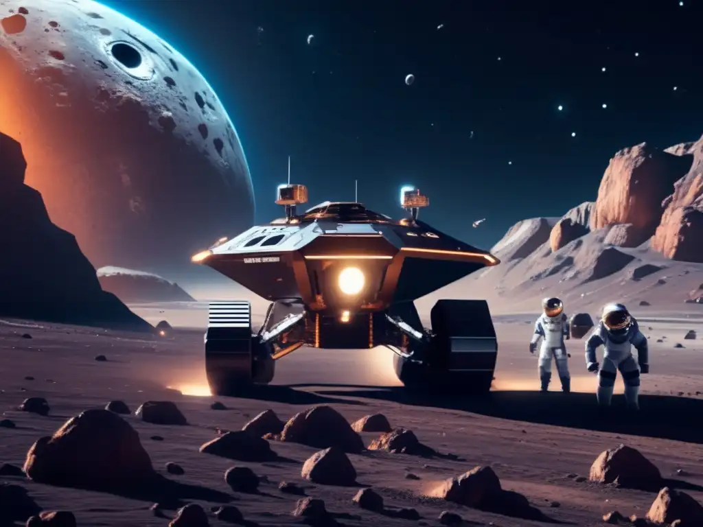 Futuro de la minería espacial Impacto ambiental minería asteroides: Operación minera espacial futurista en un asteroide, con nave espacial, astronautas y extracción de recursos